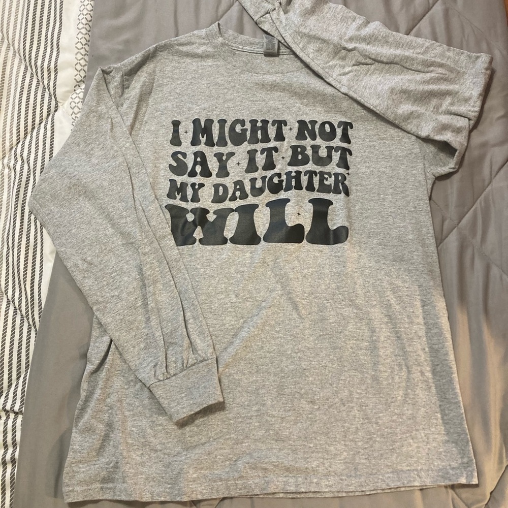 Gray Long Sleeve Tee with Bold Text